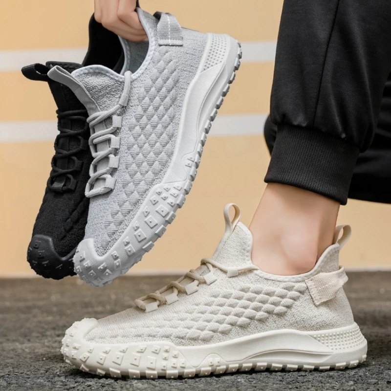 

Летняя дышащая повседневная однотонная мужская обувь большого размера с круглым носком на плоской подошве и низким берцем, спортивная летающая тканая мужская обувь с ленивой сеткой