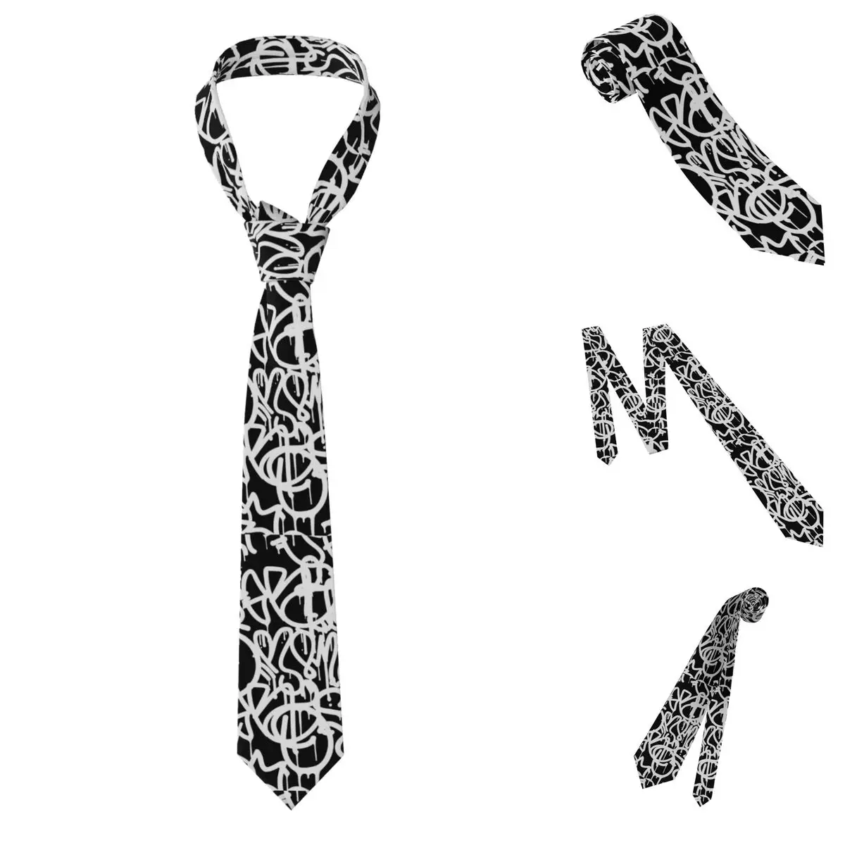 Black And White Graffiti Necktie for Men Silk Polyester Slim Neck Ties Party Business Tie Classic Gravatas