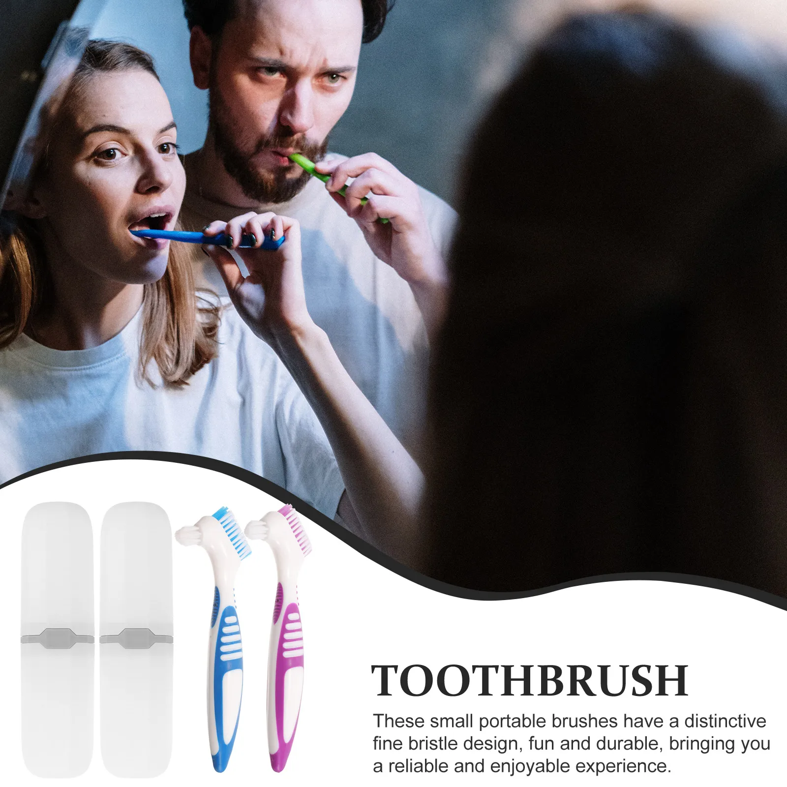

2 Sets Denture Brush Toothbrush Storage Box Double Sided Cleaning Tools Compact Portable Mini Brushes Purple Blue Pearl White