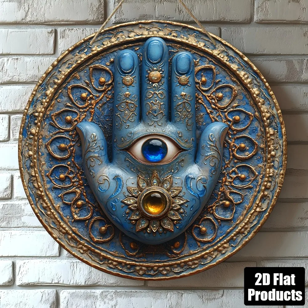 Tin Sign - Vintage Durable Metal Plaque Wall Decor, Ornate Blue Hamsa Hand Evil Eye Themed Home Office Bar Man Cave Wall Art