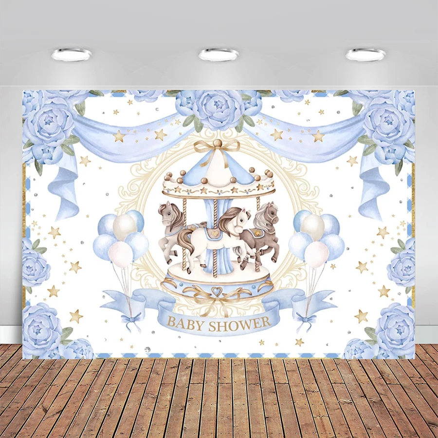 Carousel Baby Shower Backdrop Watercolor Carousel Pony Photography Background Boys Girls Carnival Party Banner Cream Blue Props