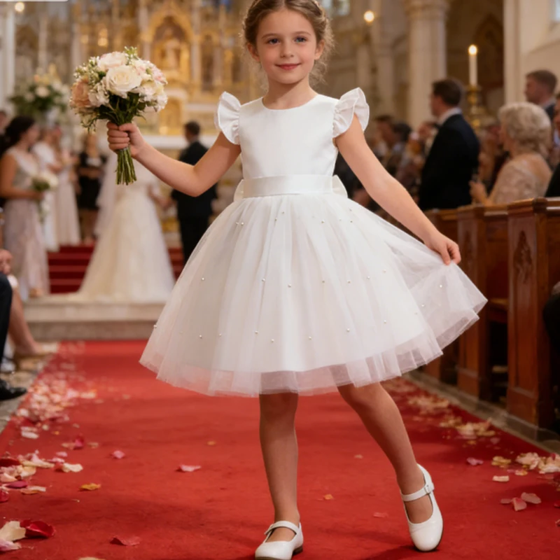 

Детские платья для девочек на Ид 2026, на день рождения, белое свадебное платье принцессы, платье с открытой спиной, бантом и бисером, костюм для крещения