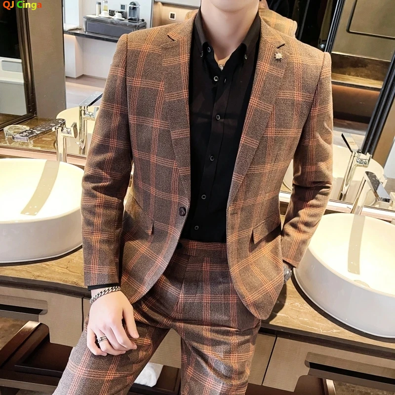 Blazers Pants Vest Set 3 Pieces Set/2022 Men\'s Business Casual Fashion Three Piece Plaid Suit Jacket Coat Trousers Waistcoat 5XL