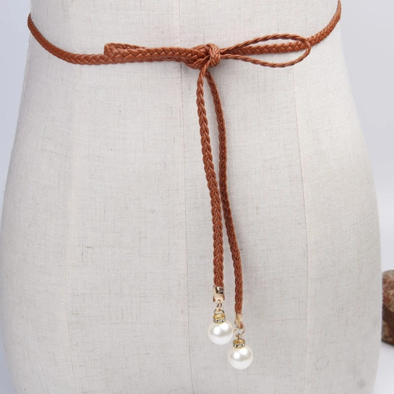 Vintage Bohemian Knot Thin Belt Women Elegant Pearl Elastic Braided Waistband Female Summer Seaside Dress Decorative Waist Rope