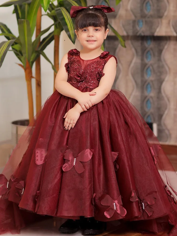 

Burgundy Baby Flower Girl Dresses Tulle Appliques Princess Children Prom Birthday Party Gowns