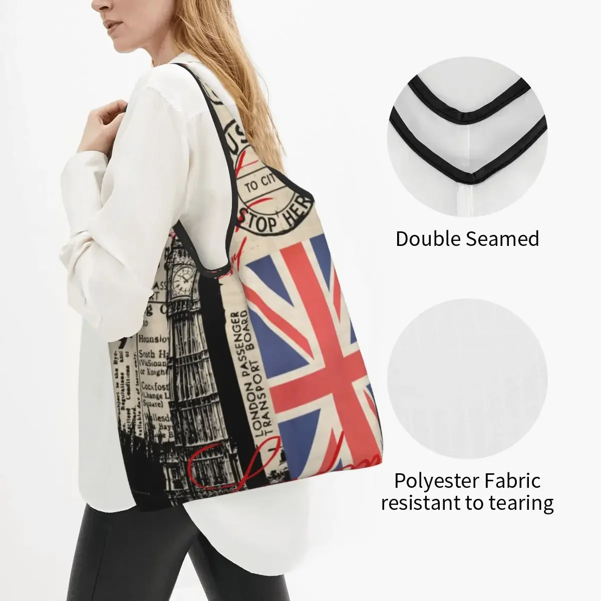 Retro Vintage London Groceries Shopping Bag Funny Shopper Tote Shoulder Bag Big Capacity Portable UK British Flag Handbag