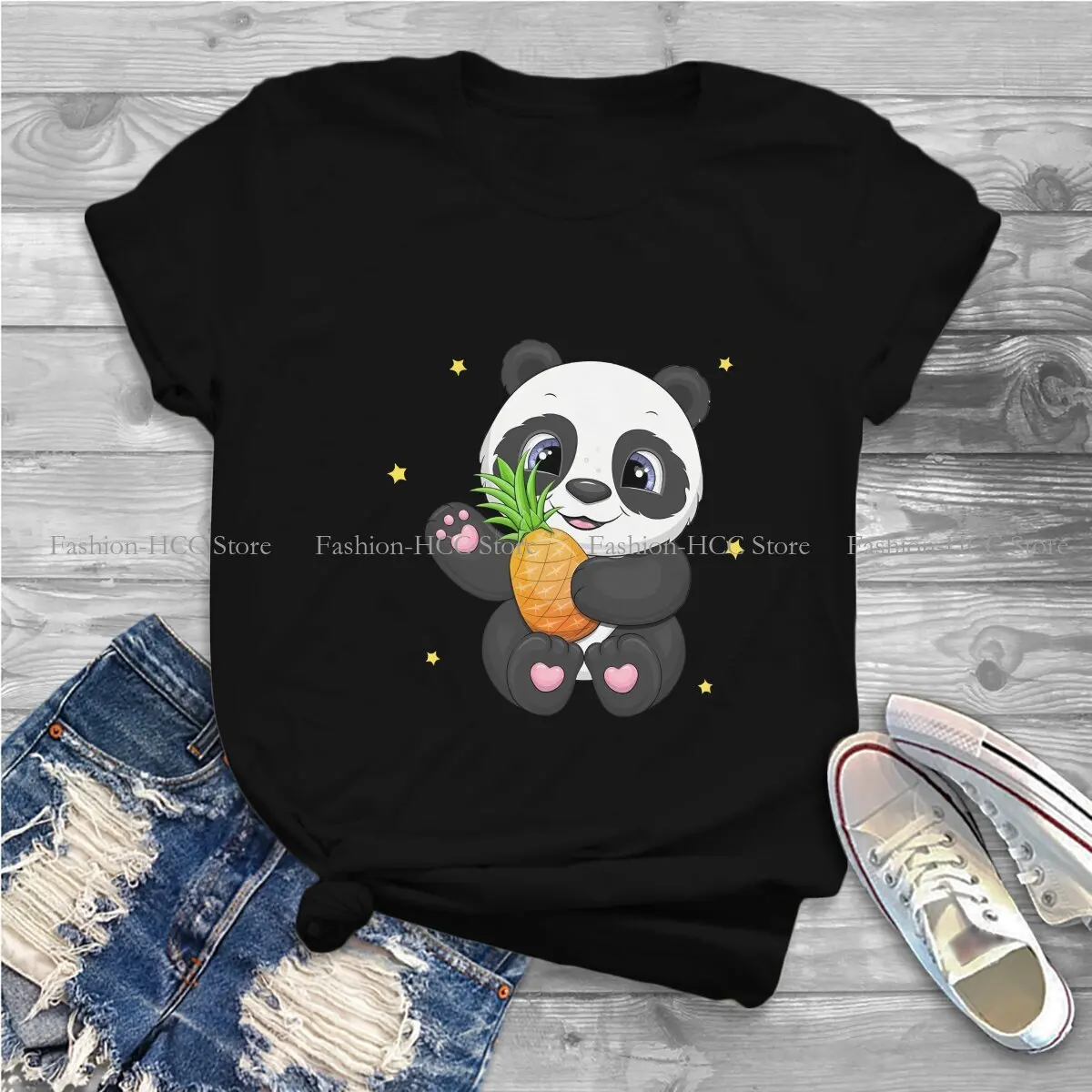 Cute Panda Animal Polyester TShirt for Women Holding A Big Pineapple Soft Casual Sweatshirts T Shirt Novelty New Design