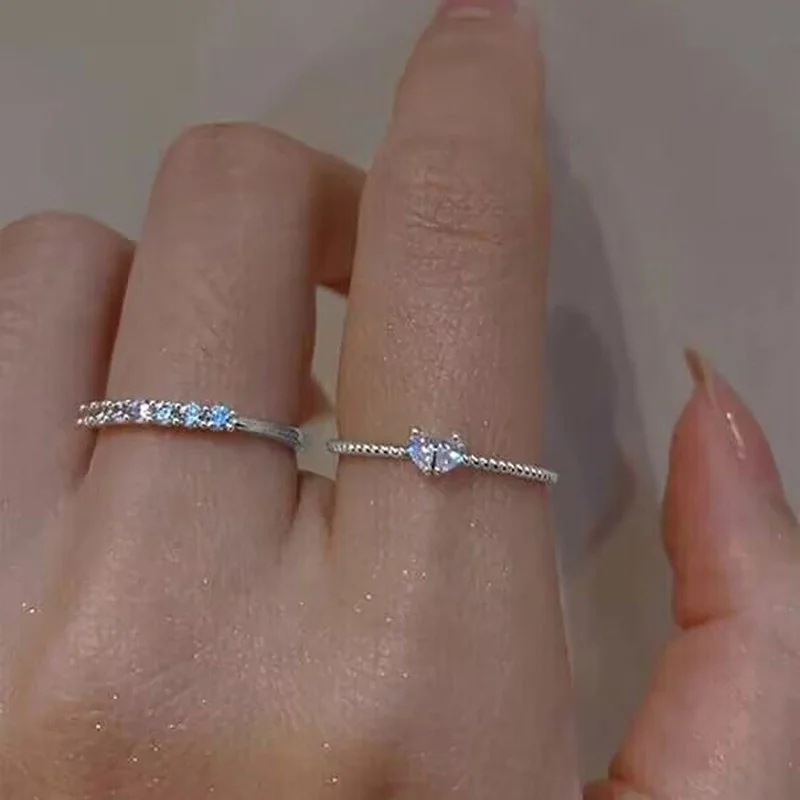 New Luxury Zircon Heart Rings for Women Fashion Korean Opening Adjustable Rhinestone Ring Wedding Jewelry Girlfriend Gifts 2024