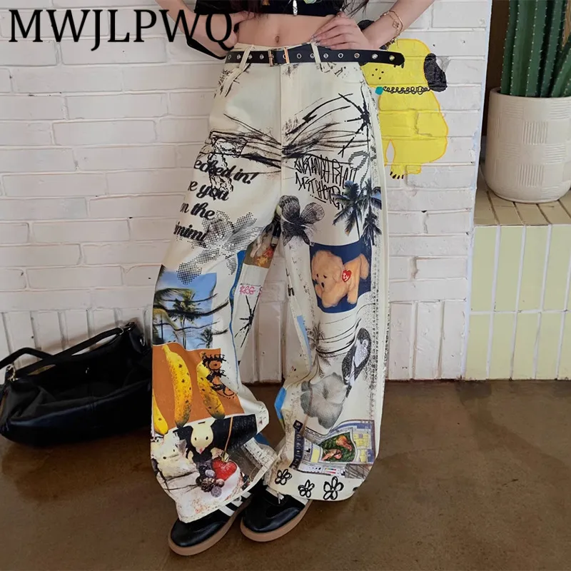 

MWJLPWQ Американские граффити с принтом, осенние джинсы для мужчин, уличные повседневные свободные прямые широкие брюки унисекс, 11999
