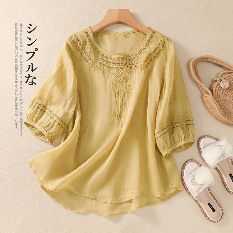 2024 Summer Literary Vintage Embroidery Hollow Out Shirt Ladies Loose Casual Fashion Pullover Top Women Solid Color Blouse Femm