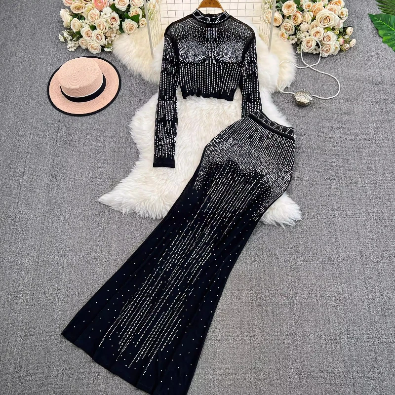 Luxury Women Hot Drilling Starry Diamonds Beaded Chiffon T-Shirts Long Sleeved Mesh Rhinestones Tees Top+Sequined Skirt 2Pcs Set