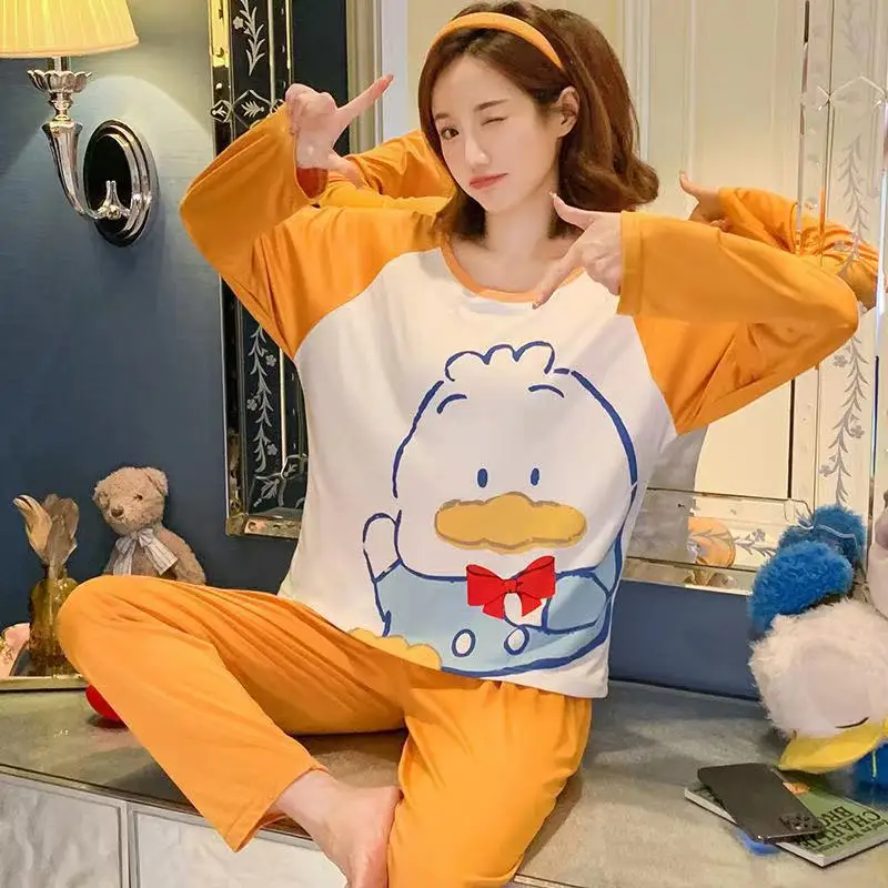 2Pcs/set Large Size Long Sleeve Long Pants Pajamas Women\'s Homewear Student Pajamas Young Girls Clothes Ladies Nightwear