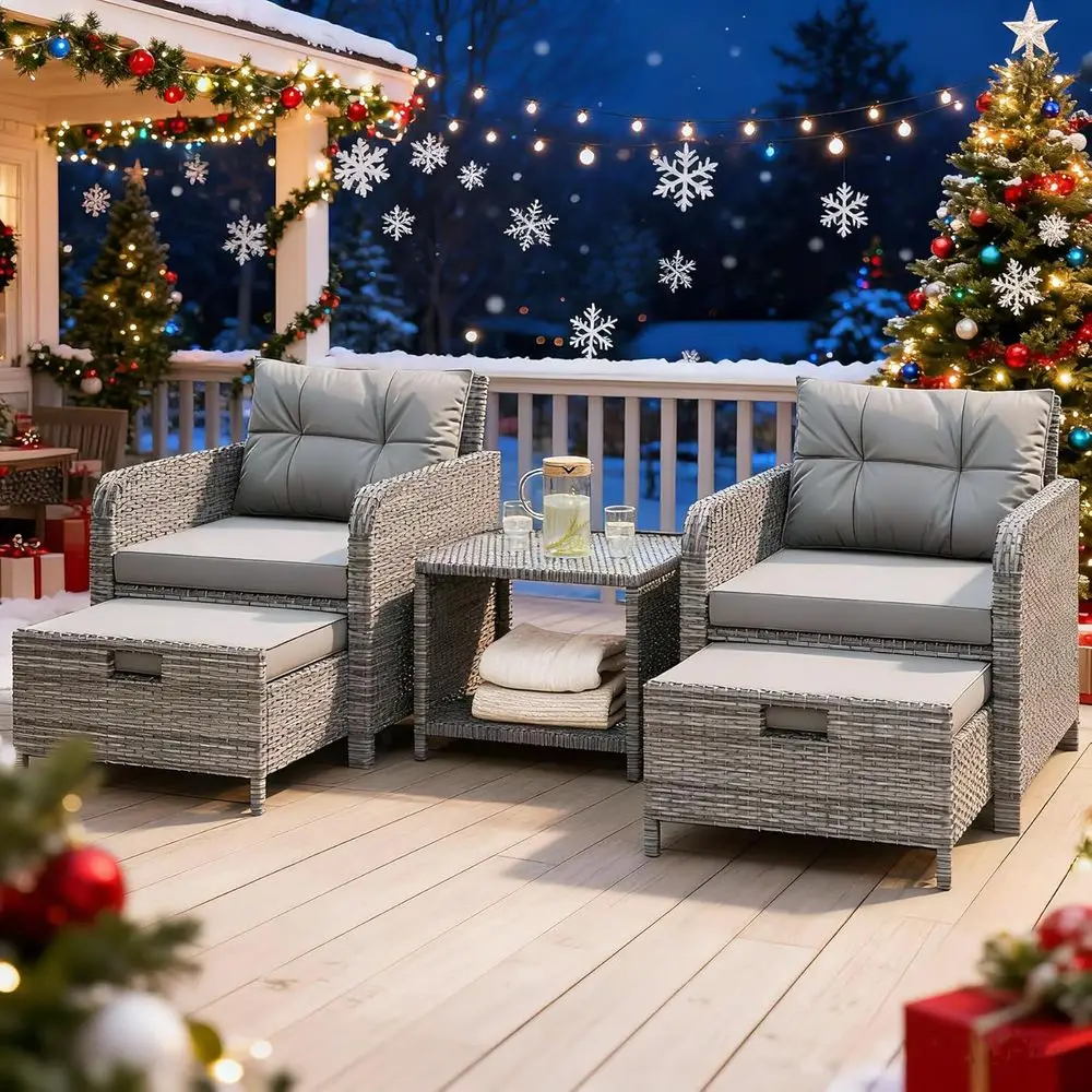 

Grey Cushioned 5-Piece Patio Set with Ottomans for Outdoor Balcony, Poolside, or Garden Use