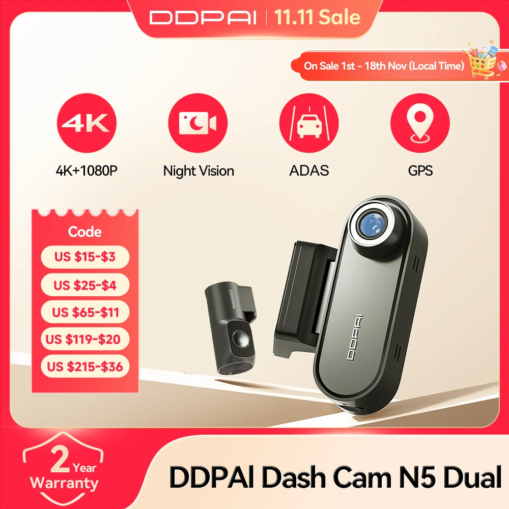 Cámara para Auto DDPAI N5 Dual 4K HDR Delantera y Trasera con IA, Visión Nocturn