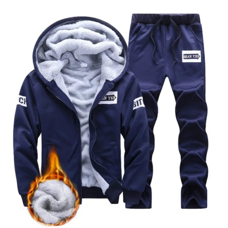 

Мужские зимние утепленные спортивные костюмы, флисовая куртка с капюшоном для спорта на открытом воздухе, костюм для отдыха, бега, фитнеса, теплый комплект из двух предметов