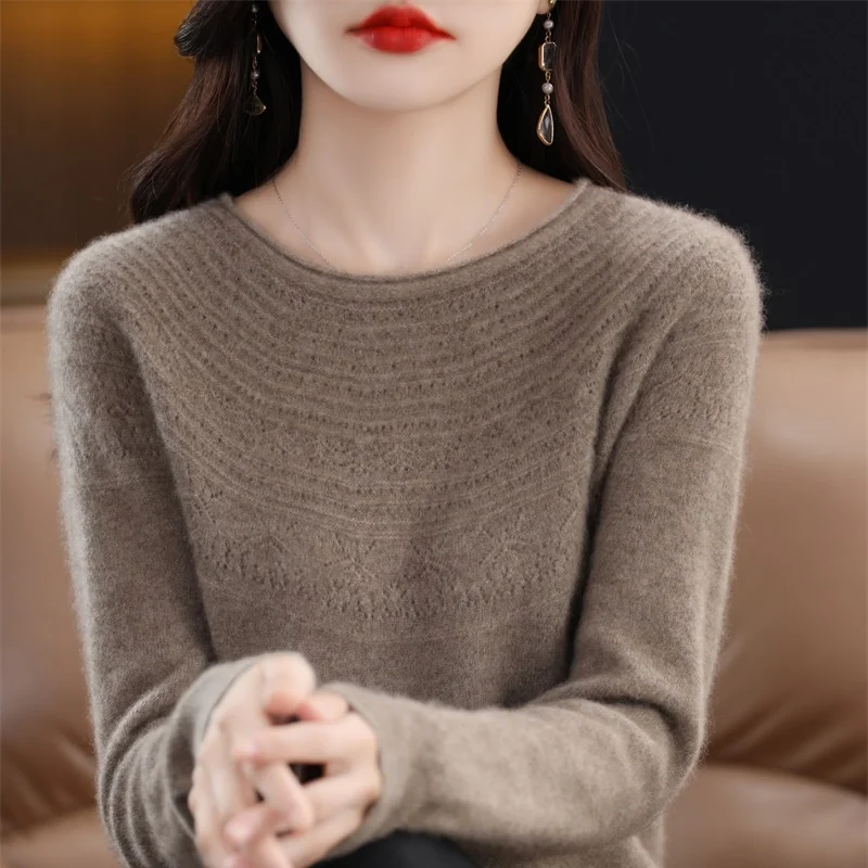 2023 Autumn New 100% Pure Wool Knitted Pullover Women\'s O-Neck Long-Sleeved Sweater Female Fashion Hollow Out Women\'s Shirt