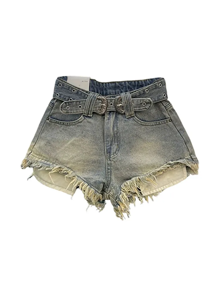 

American Style Vintage High Waist Slim Jean Shorts Summer 2024 Women Sexy Raw Edge Wrap Hip Hot Pants Coquette Gyaru New Trend