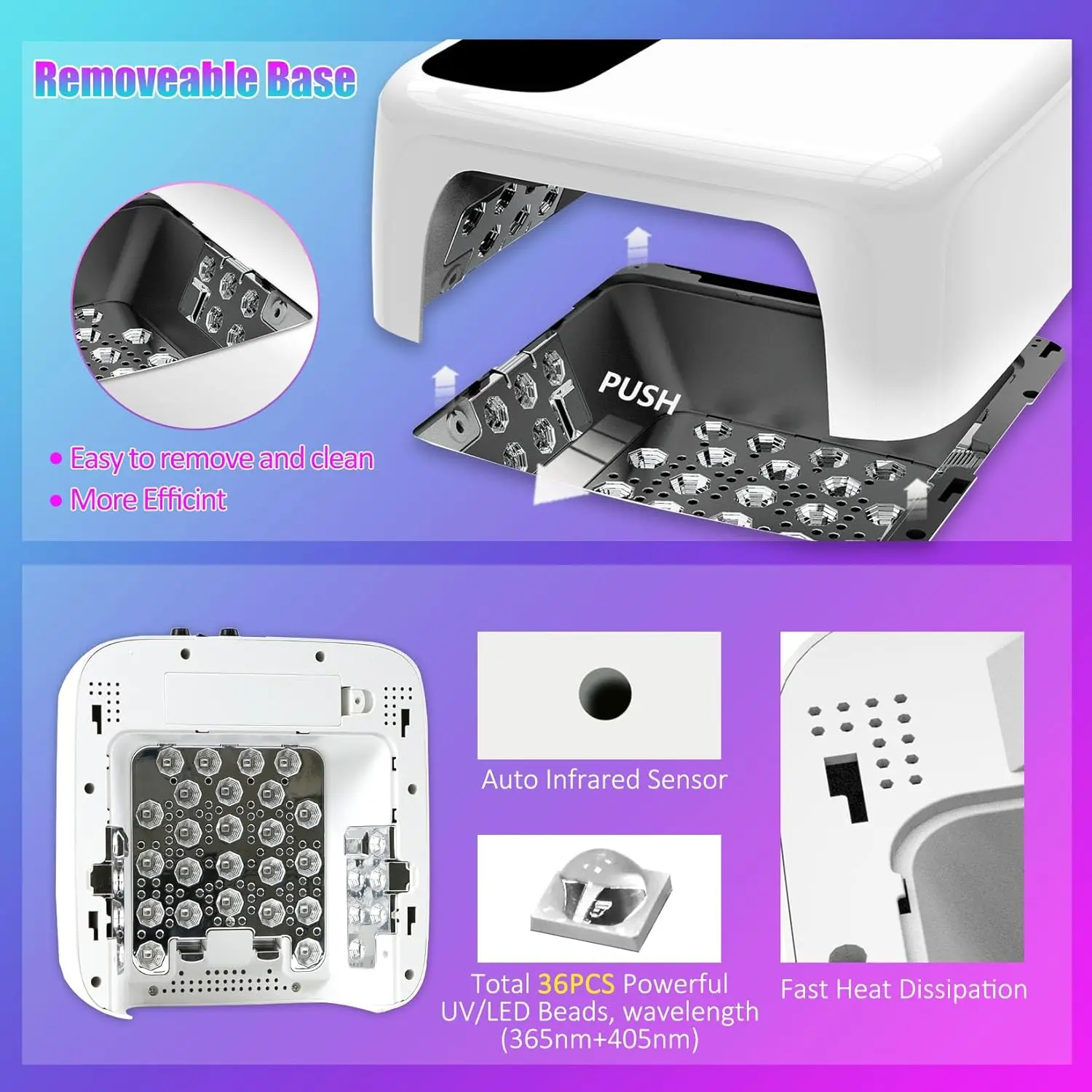 コードレス充電式72W UV LEDネイルランプ、メタリックリフレクター＆ベース付きワイヤレスジェルドライヤー（ホワイト）