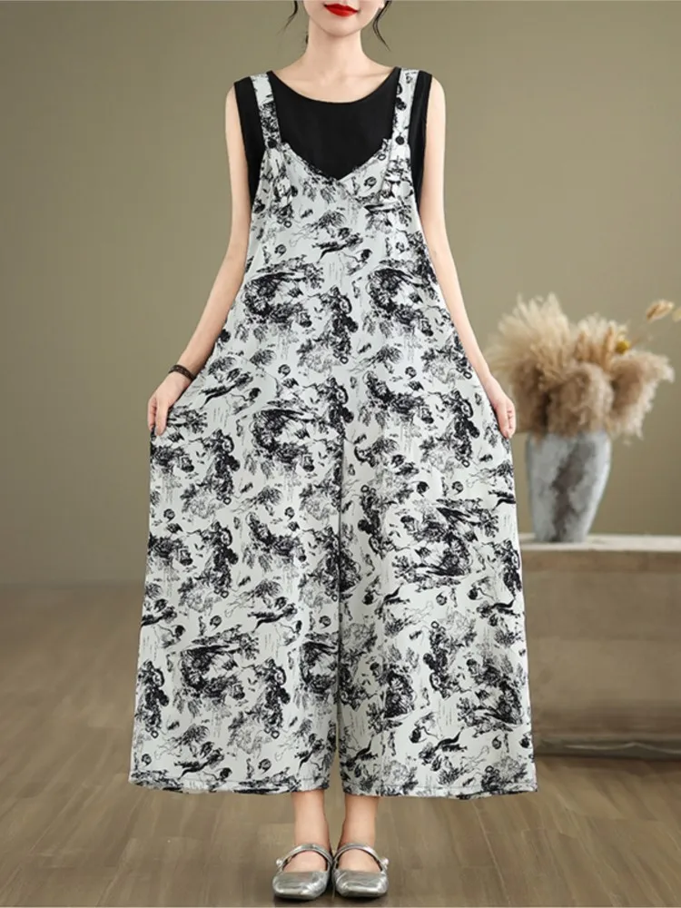 Oversized Summer Sleeveless Slip Jumpsuit Women Graffiti Print Fashion Wide Leg Ladies Jumpsuits Loose Pleated Woman Jumpsuit