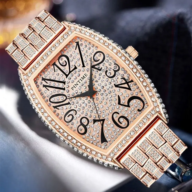 Fashionable and trendy diamond studded wine barrel style waterproof quartz wristwatch for both men and women