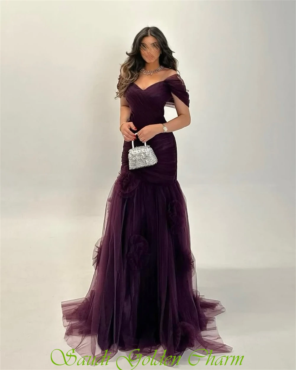 Abito da sera semplice in organza viola personalizzato Boho Sweetheart con spalle scoperte Abito da festa Abito da ballo sexy con strascico a sirena