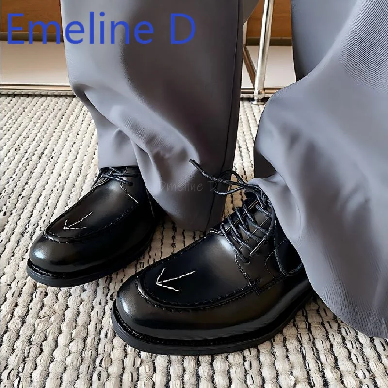 Thick Soled Derby Shoes Men's British Personality Arrow Embroidered Black Leather Shoes Fashionable Lace Up Casual Flat Shoes