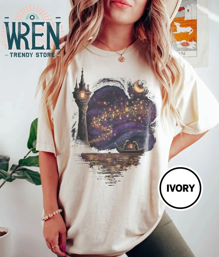 قميص ريترو ديزني متشابك ذو ياقة مريحة، تي شيرت رابونزيل ريترو، تي شيرت ديزني برينسيس فاميلي للسفر، قميص فانوس ديزني