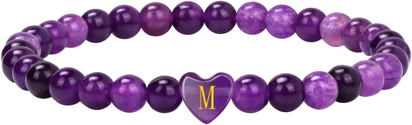 

Amethyst Bracelet for Women 6mm Beaded Healing Crystal Stone Heart Initial Bracelet Anxiety Stress Purple Handmade Jewelry