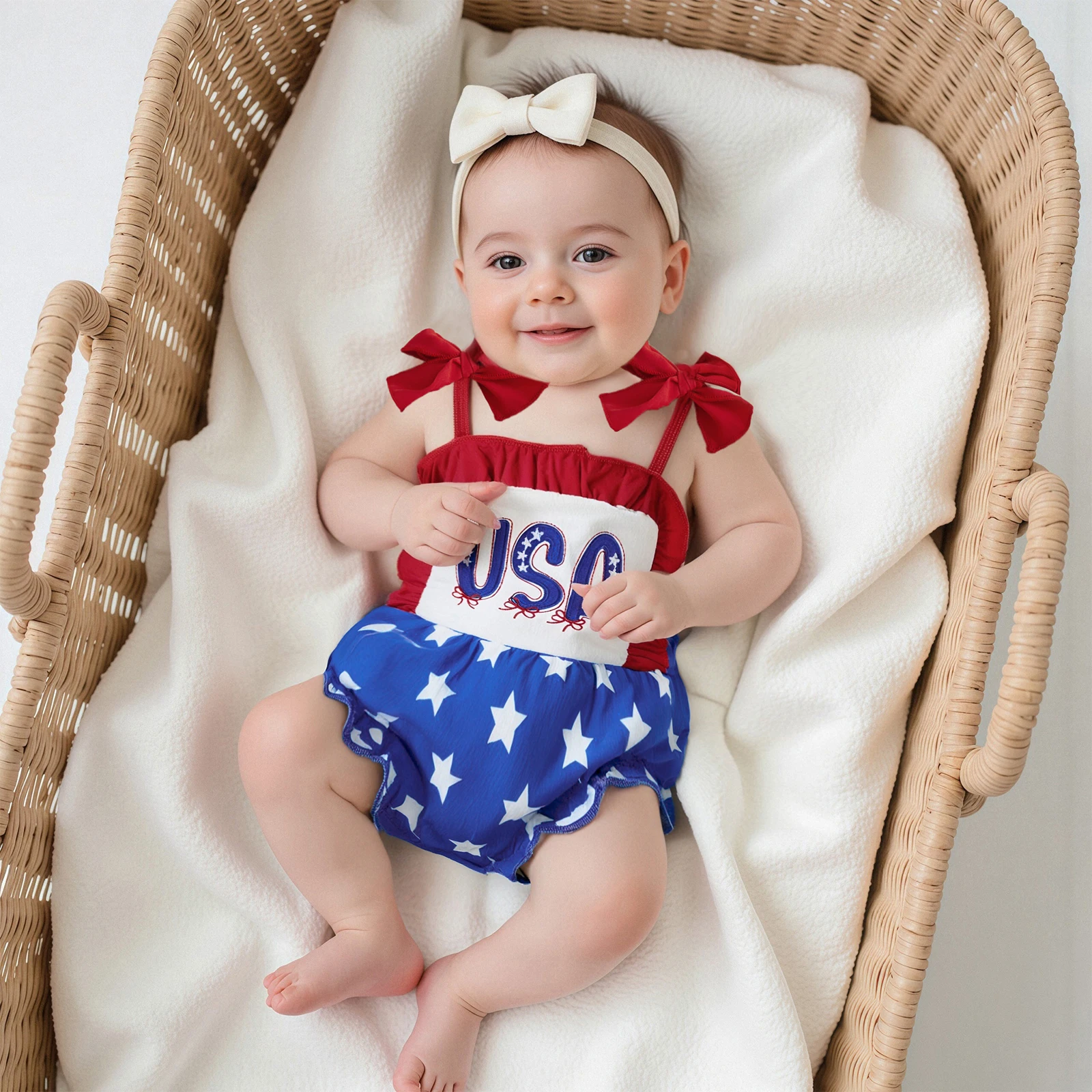 

Kids Clothes Girl Independence Day Cami Romper Star Stripe Print Tie Shoulder Jumpsuit for Newborn Clothes 0-18 Months