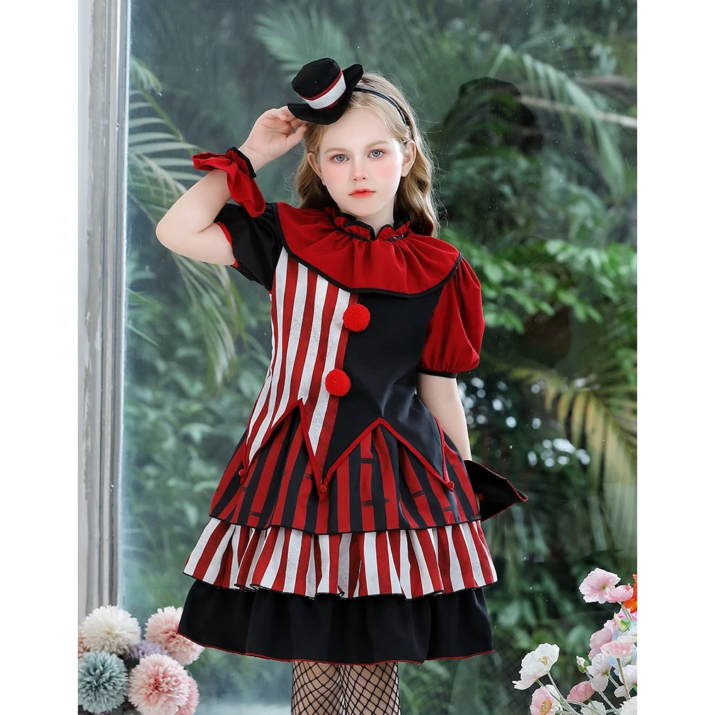 Halloween Clownkostuum Onregelmatig T-shirt met korte mouwen en gestreepte rok Hoofdband Polsband Kraag voor Cosplay Party