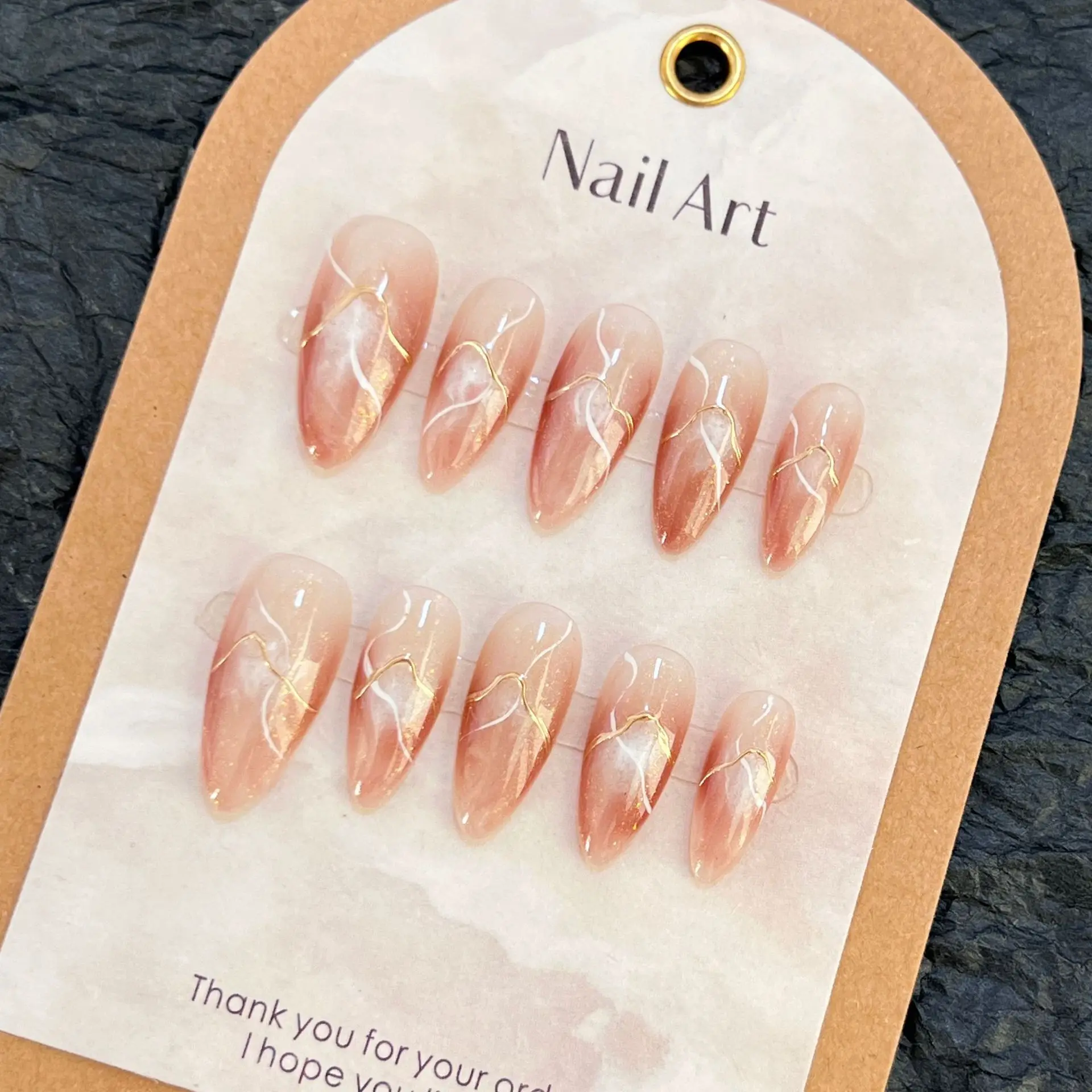 10 pezzi fatti a mano a mandorla stampa sulle unghie copertura completa Tie Dye Design unghie in lamina d'oro balletto francese unghie finte punte per unghie indossabili