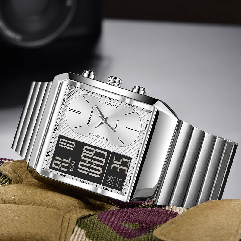LIGEl Dual Display Man Watch FOXBOX Fashion Waterproof Chronograph Watch For Men Luxury Stainless Stee Date Men's Quartz Watches