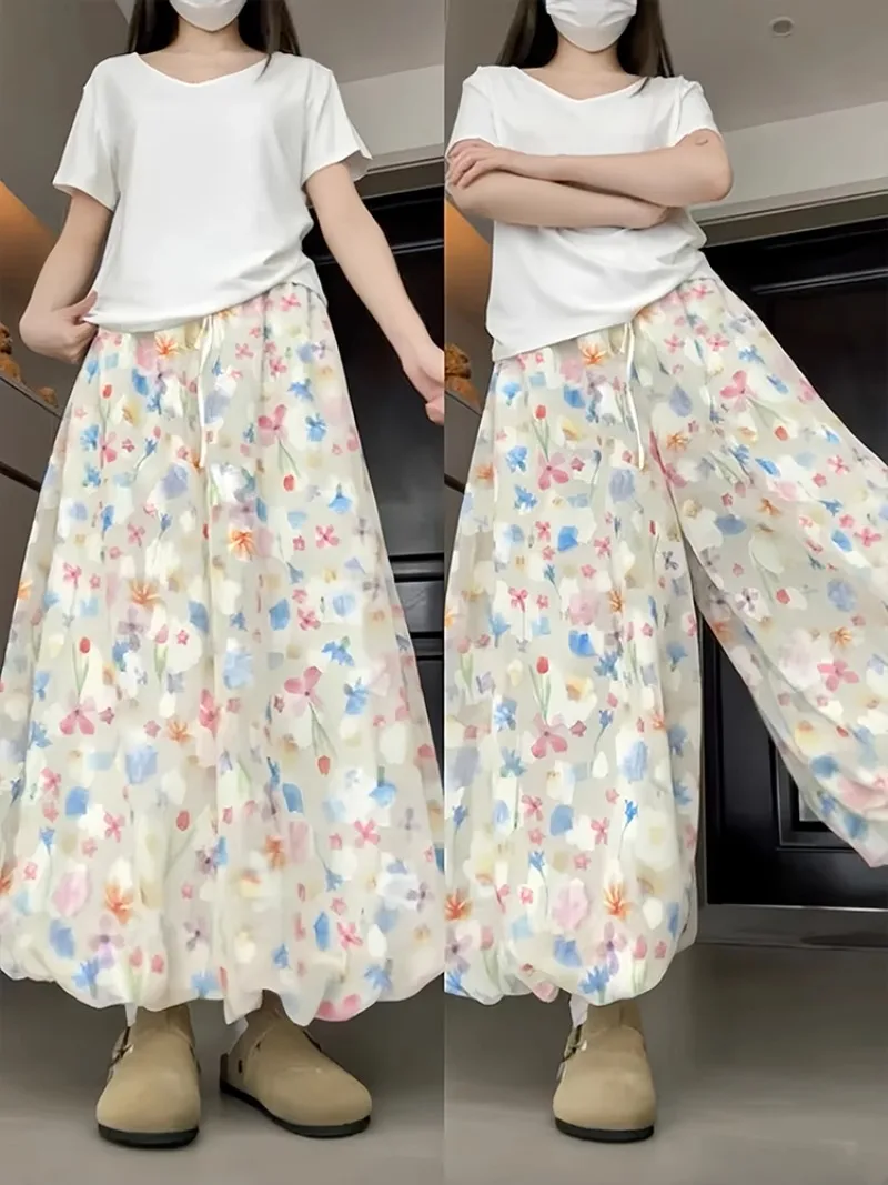 

Colorful Flower Printed Pants for Women's Summer High Waisted Loose and Casual Floral Ice Silk Pants Fashion Female Clothes