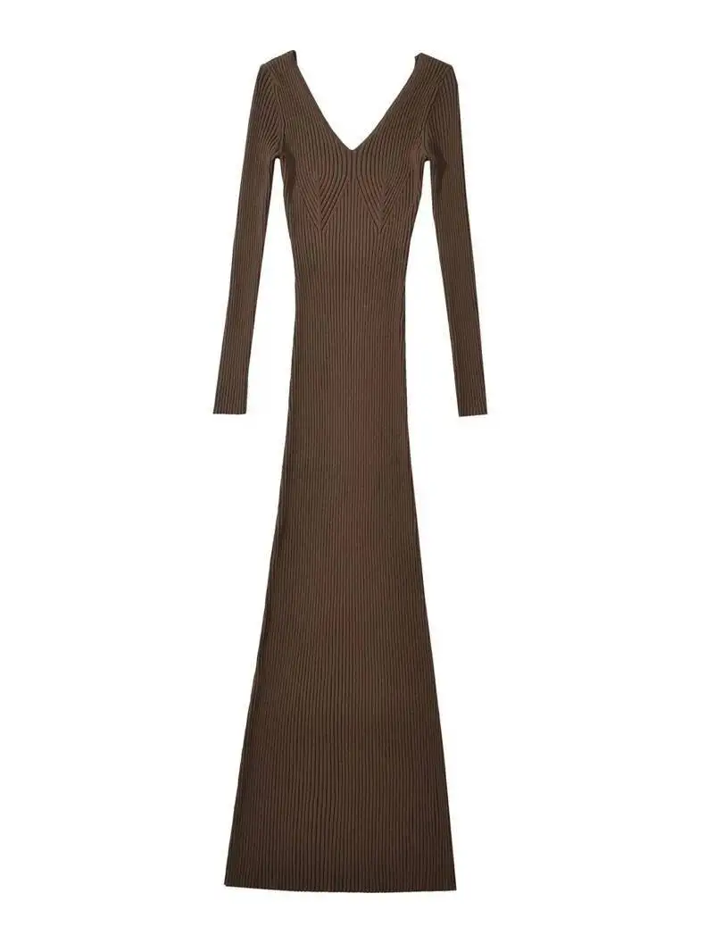 2025 Otoño/Invierno nuevo vestido de punto de manga larga con espalda descubierta y cuello en V para mujer estilo francés ceñido cintura envolvente vestido ajustado a la cadera VVDR