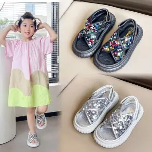 

Girls' sandals 2024 summer new children's soft-soled shoes summer style sequin cross seaside beach shoes