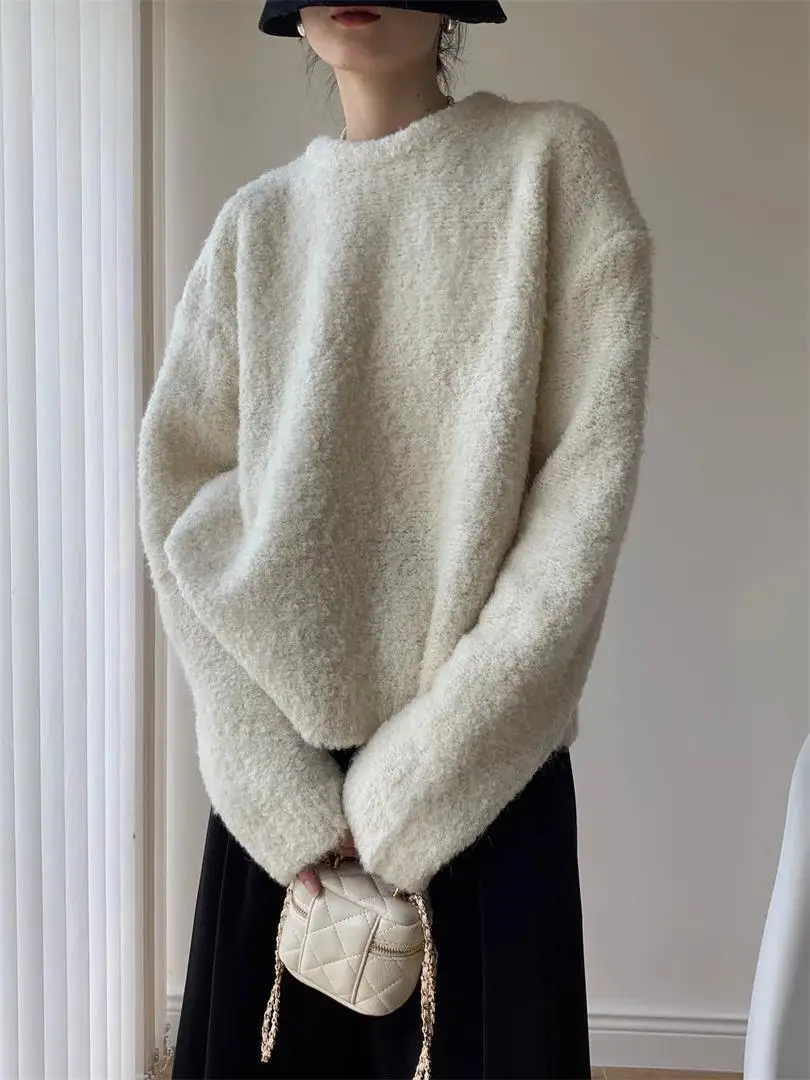 Женские осенние шикарные пушистые вязаные пуловеры, модные однотонные простые свободные универсальные мягкие теплые свитера, топ