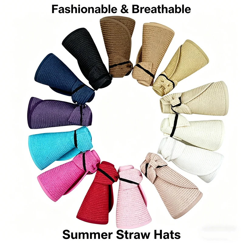 Women's Packable Straw Sun Visor Bow Design UV Protection Wide Brim Summer Beach Hat