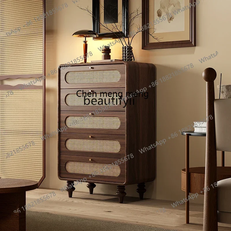 M182 French Chest of Drawers Solid Wood Bedroom Bedside Locker Chest of Drawer Five-Bucket Rattan Curio Cabinet