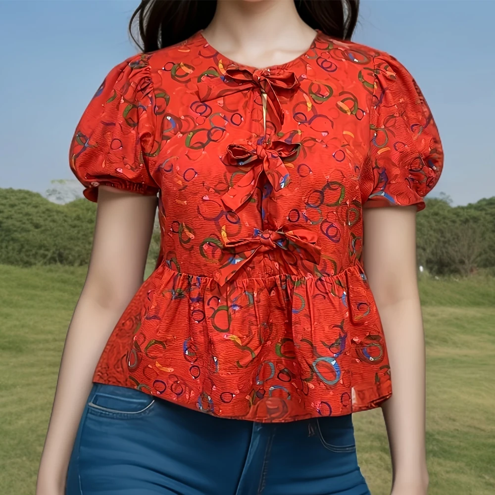 CHCH 2024 Summer Lace Up Flower Print Women‘s Shirt Hollow Out Bow Short Puff Sleeve V-neck Female Shirt Casual Lady Outwear