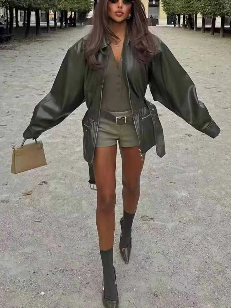 유럽 및 미국 스타일 여성 겨울 신상 패션 다용도 그린 가죽 재킷 (신축성 있는 허리밴드 포함)