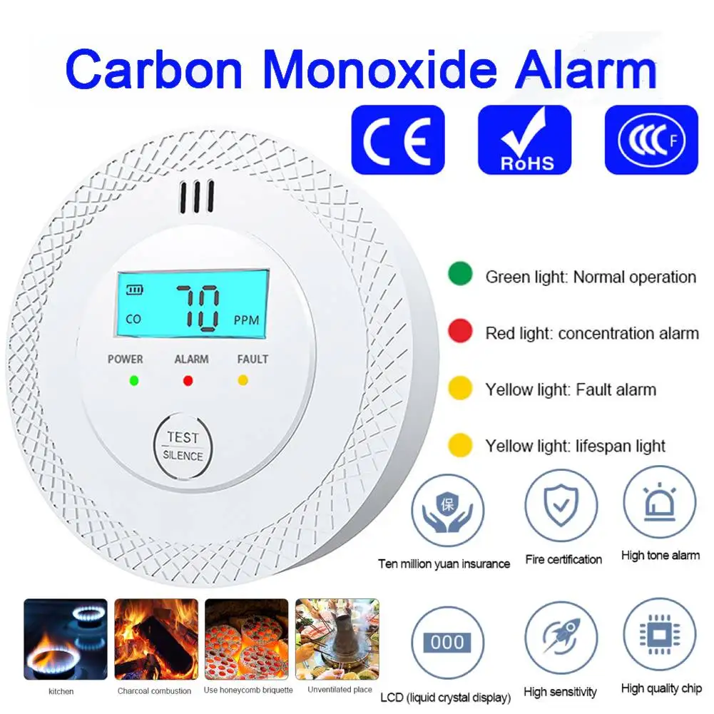 

Независимый датчик сигнализации CO, детектор сигнализации угарного газа, 85 дБ, высокочувствительный предупреждающий ЖК-фотоэлектрический дисплей для домашнего отеля