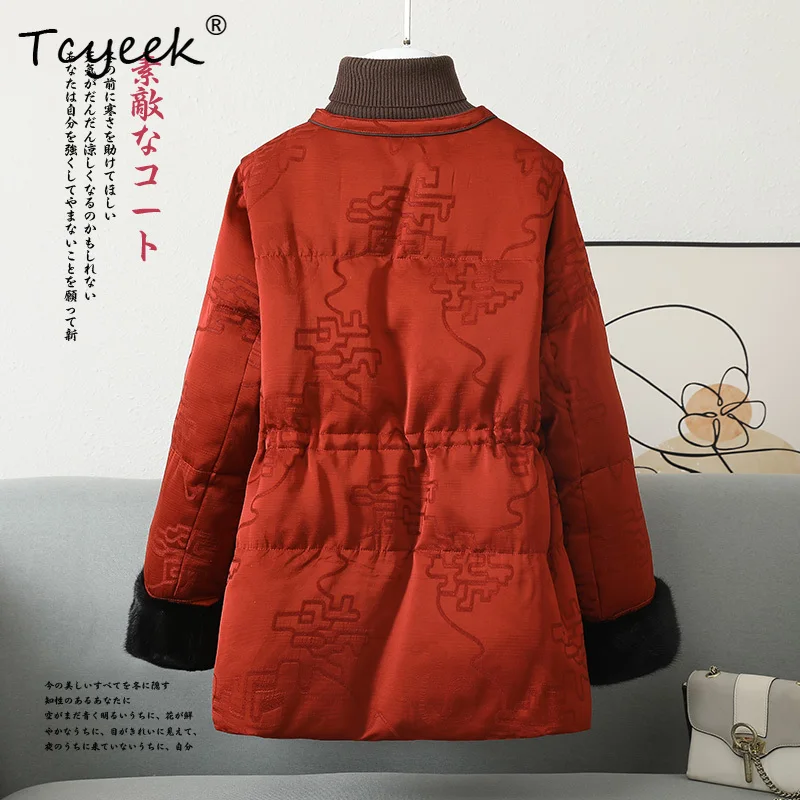 Tcyeek 가을 겨울 분리형 밍크 모피 새로운 중국 스타일 중간 길이 여성 화이트 거위 모피 코트 Fourrures Femme