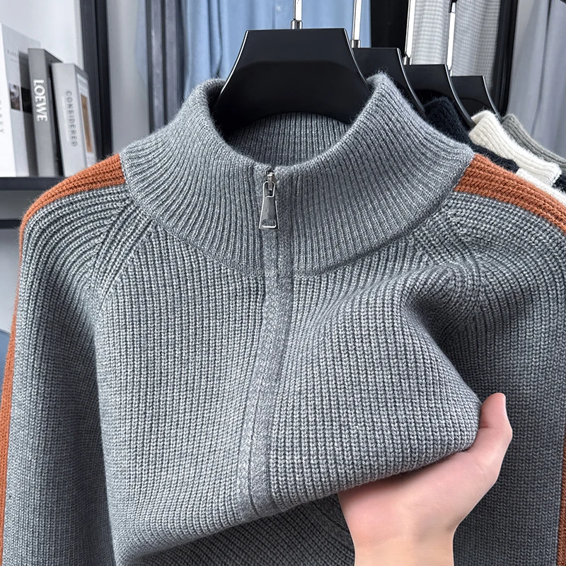 Personality color blocked men's zipper sweater cardigan high-end comfort autumn winter youth fashion stand collar knitted coat