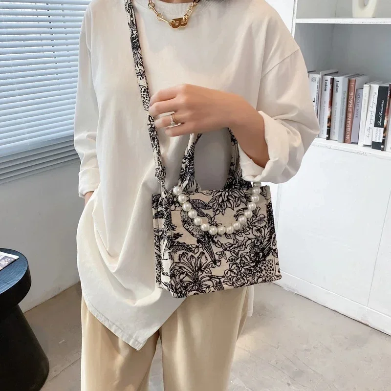 Luxury Brand Designer Handbag 2022 Women Silk scarf Pearl Shopper Beach Bag Jacquard Embroidery Female Canvas Tote Shoulder Bags