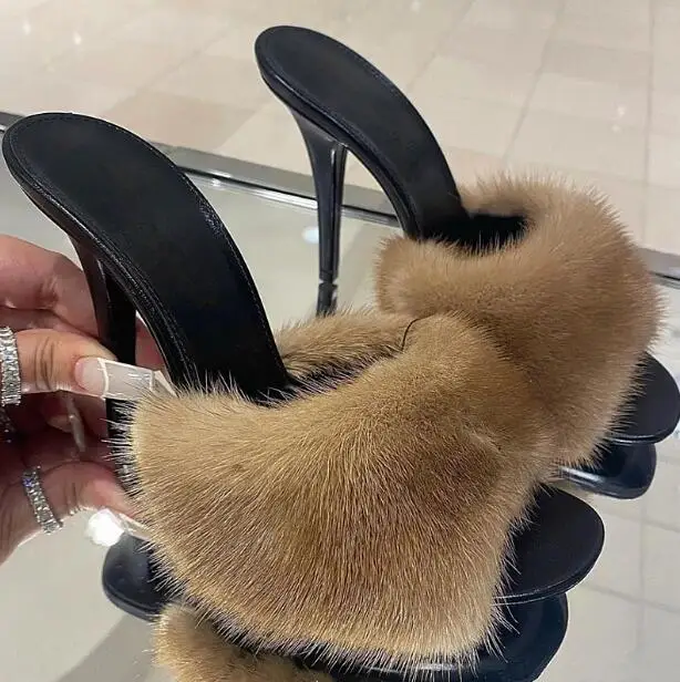 

Brown Beige Blue Black Real Mink Fur Peep Toe Slip On Heels Slippers Sandals Women 8 10 CM Thin High Heel Banquet Shoes Size 34