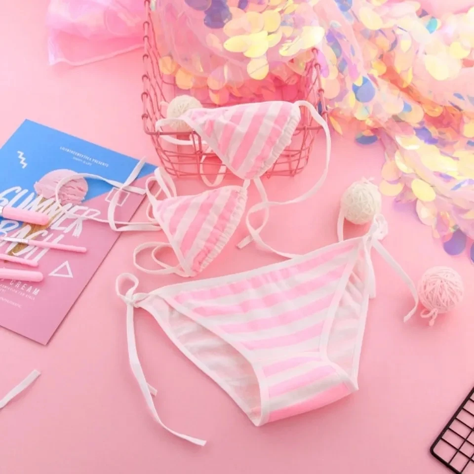 Japão Lingerie Sexy para Mulheres Adulta, Lolita Kawaii, Azul, Rosa, Listrado Branco, Mini Biquíni, Sutiã, Conjunto Roupa Interior, França Maiô, Cosplay