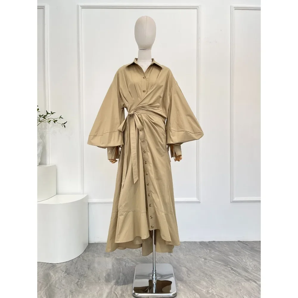 2025 feminino cáqui manga longa blusa lateral cintura gravata vestido midi de algodão