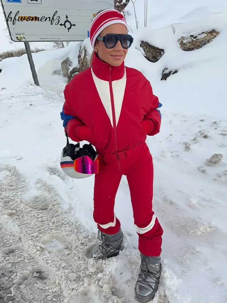 Women's Winter One Piece Ski Suit Belt Contrast Stand Collar Long Sleeve Pockets Snowboard Jumpsuit 2026 Lady Warm Ski Outfits