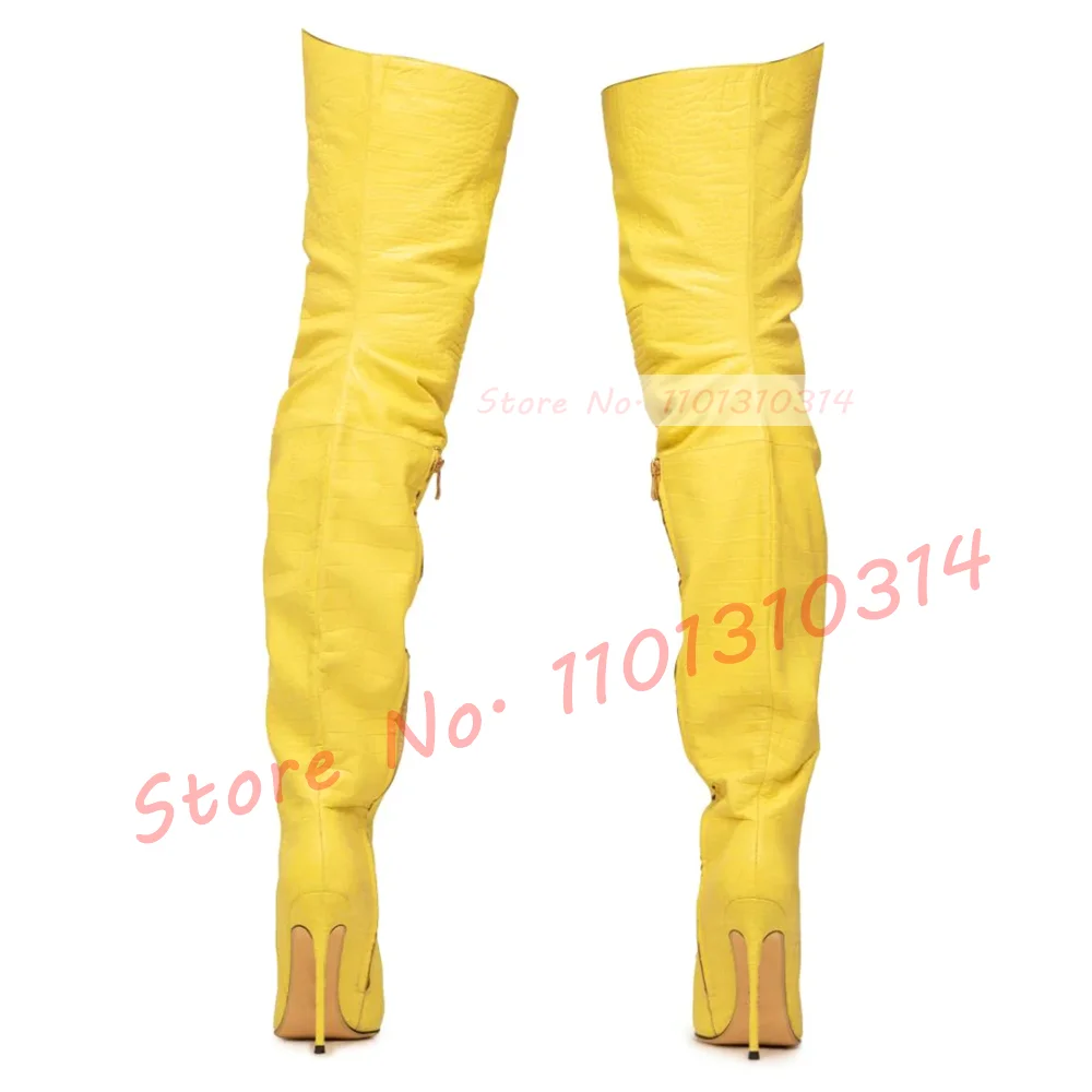 Yellow Croc Pattern Long Boots Women Sexy Trend High Heels Over Knee Shoes Summer Leather Splicing Luxury Pointy Fashion Boots