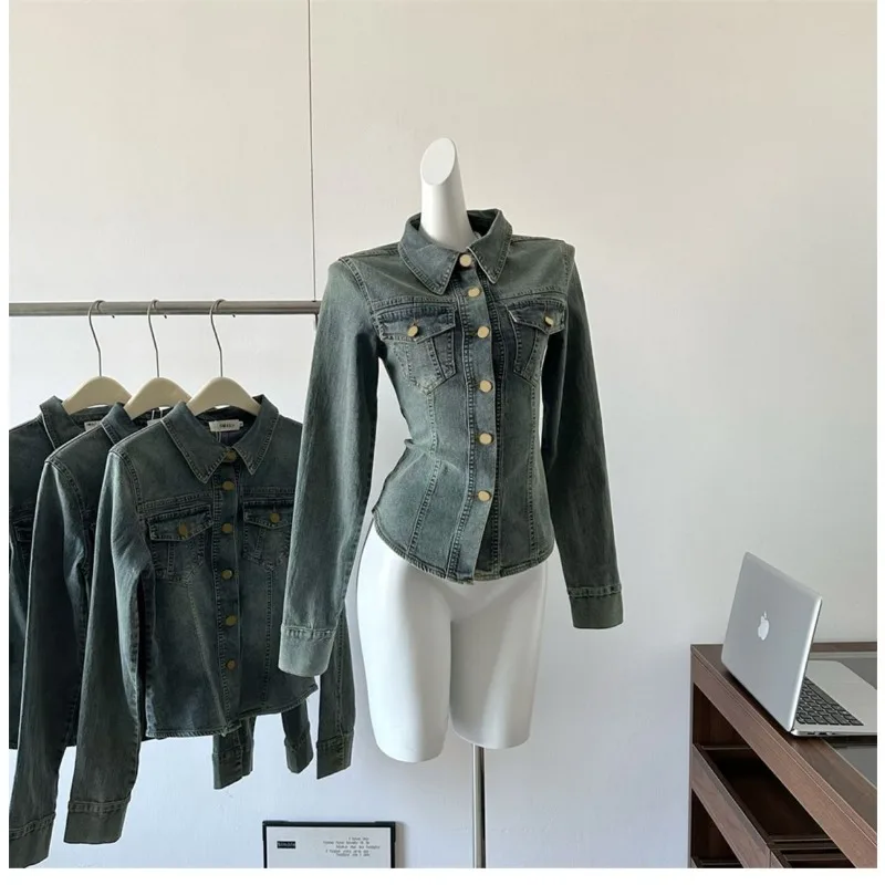 American Vintage Blue Vintage Polo Collar Denim Shirt for Women Spring Autumn Jeans Jacket High-end Slim-Fit Top Long Sleeve New